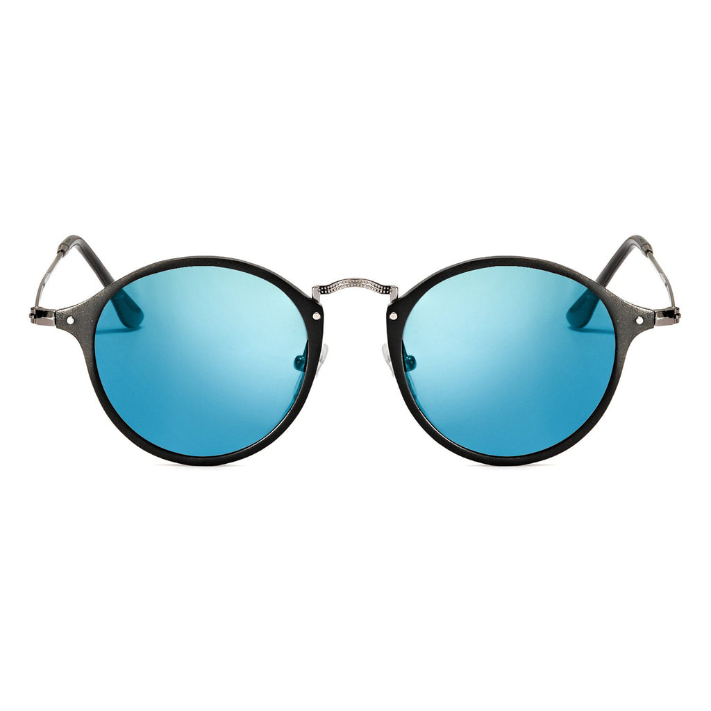 TJUTR Men's Round Polarized Sunglasses with Al-Mg Metal Frame, Black Blue-Mirror